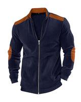 Herren nan Stehkragen-Sweatjacke mit feiner Rippstruktur, Ellbogen-Patches und kontrastierenden Schulterdetails Drune in Navyblau