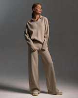 Damen Lounge Set mit Weitbein Hose und Polo Pullover in Cremefarben