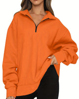 Damen nan Oversized Sweatshirt mit Kurzreißverschluss, Stehkragen und Kängurutasche Drune in Orange