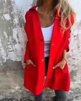 Damen nan Kapuzenmantel mittellanger Baumwollmix mit Druckknopfleiste und Eingrifftaschen Drune in Rot