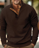 Herren nan strukturiertes Rugby-Pullover mit Stehkragen, Knopfleiste und Leder-Ellenbogenpatches Drune in Braun