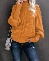 Damen nan Zopfmuster-Strickpullover mit Rollkragen und Ballonärmeln Drune in Ingwerfarben