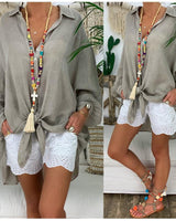 Damen nan leichte Leinen-Tunika mit Knotenfront und Lochspitzen-Shorts Drune in Grau