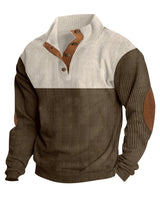 Herren nan grober Rippstrick-Pullover mit Stehkragen, Knopfleiste und markanten Ellenbogenpatches Drune in Apricot + Braun