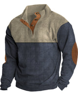 Herren nan grober Rippstrick-Pullover mit Stehkragen, Knopfleiste und markanten Ellenbogenpatches Drune in Khaki + Blau