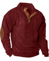 Herren nan grober Rippstrick-Pullover mit Stehkragen, Knopfleiste und markanten Ellenbogenpatches Drune in Weinrot