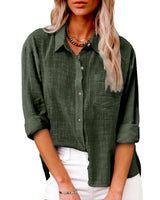 Damen nan oversized Leinen-Baumwollmix Hemdbluse mit Brusttasche und krempelbaren Ärmeln Drune in Militärgrün