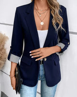 Damen nan taillierter dreiviertelarm Blazer mit Pattentaschen und umgeschlagenen Manschetten Drune in Marineblau