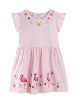 Mädchen Sommerkleid mit floralem Design und verspielten Flamingo-Applikationen Drune in Beige