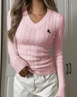 Damen Feinripp Pullover mit V Ausschnitt und Zopfmuster in Rosa