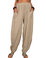 Damen nan lockere Leinenhose mit weitem Bein elastischem Bund und großen aufgesetzten Taschen Drune in Khaki