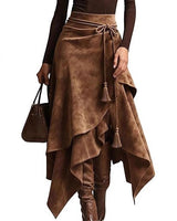 Damen asymmetrischer Wickelrock mit dekorativen Quasten Drune in Kaffee