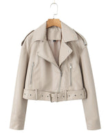 Kurze Damen-Bikerjacke mit Gürtel und Crossover-Verschluss - Zaireth in Beige