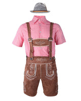 Herren nan traditionelle Trachtenlederhose mit bestickten Hosenträgern, kariertem Trachtenhemd und Filzhut Drune in 82352【Rotes Oberteil + braune Latzhose + graue Mütze】