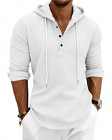 Herren nan lässiges Waffelstrick-Henley Kapuzenpullover mit Knopfleiste Drune in Weiß