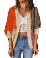 Damen nan lässige Strickjacke im Patchwork-Stil mit offener Front und 3/4-Ärmeln Drune in Orange