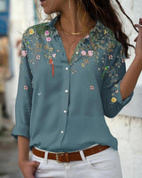 Damen nan leichte Chiffonbluse mit floralem Vogelprint, Knopfleiste und lässigem Schnitt Drune in Blau