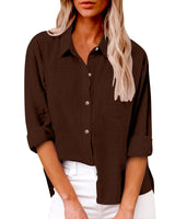 Damen nan oversized Leinen-Baumwollmix Hemdbluse mit Brusttasche und krempelbaren Ärmeln Drune in Dunkelbraun