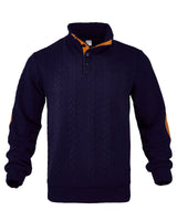 Herren nan Zopfmuster-Pullover mit Stehkragen, halber Knopfleiste und Ellbogenpatches Drune in Navyblau
