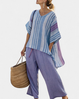 Carlotta – top elegante Lavendel und Himmelblau und Leinenhose in Mehrfarbig