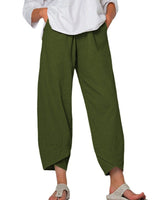 Damen nan lockere Leinenhose mit hohem Bund, Tulpen-Saum und seitlichen Eingrifftaschen Drune in Olivgrün