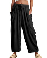 Damen nan weite Palazzohose aus leichtem Leinenmix mit Tunnelzug und seitlicher Tasche Drune in Schwarz