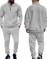Herren nan Strick-Trainingsset mit halbem Reißverschluss, Zopfmuster-Pulli und Kordelzug-Jogger Drune in Grau