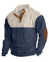 Herren nan rustikaler gerippter Pullover mit Henley-Kragen und lederartigen Ellbogenbesätzen Drune in Apricot+Blau