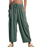 Damen nan weite Palazzohose aus leichtem Leinenmix mit Tunnelzug und seitlicher Tasche Drune in Grün