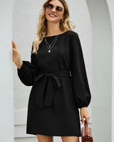 Damen nan elegantes Etuikleid mit Ballonärmeln und Taillengürtel Drune in Schwarz
