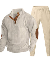 Herren nan strukturiertes Strick-Loungewear-Set mit halber Knopfleiste, kontrastreichen Ellbogenpatches und elastischem Tunnelzug-Jogger Drune in Apricot