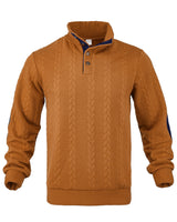 Herren nan Zopfmuster-Pullover mit Stehkragen, halber Knopfleiste und Ellbogenpatches Drune in Braun