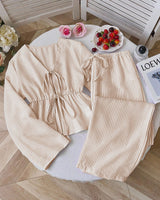 Damen nan gestreiftes Leinenähnliches Homewear-Set mit gerafftem Tunnelzugoberteil und elastischer Bundhose Drune in Khaki