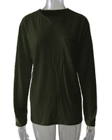 Damen nan legeres Langarmshirt mit V-Notch-Ausschnitt, Brusttasche und lockerer Oversize-Passform Drune in Mit Tasche - Olivgrün - Langarm