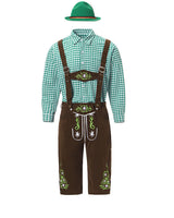Herren nan traditionelle Trachtenlederhose mit bestickten Hosenträgern, kariertem Trachtenhemd und Filzhut Drune in 82349 Grün Langarm-Oberteil + Braun Latzhose + Grüner Mütze