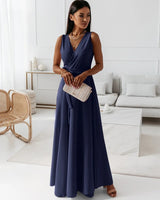 Paye | Damen einfarbig V-Ausschnitt Langes Kleid in Marineblau