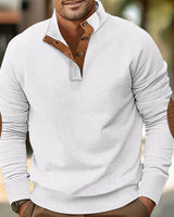 Herren nan strukturiertes Rugby-Pullover mit Stehkragen, Knopfleiste und Leder-Ellenbogenpatches Drune in Weiß