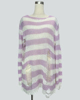 Damen nan Oversized Grobstrickpullover mit breiten Blockstreifen und aufgerissenem Design Drune in Langes Hellviolett
