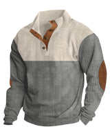 Herren nan grober Rippstrick-Pullover mit Stehkragen, Knopfleiste und markanten Ellenbogenpatches Drune in Apricot + Grau
