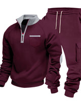 Herren nan Sweatset mit halbem Reißverschluss, Brusttasche und Cargo-Jogger Drune in Weinrot