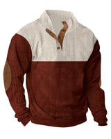 Herren nan gerippter Pullover mit Stehkragen, Knopfleiste und Ellbogen-Patches Drune in Apricot + Dunkelrot