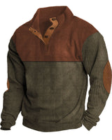 Herren nan grober Rippstrick-Pullover mit Stehkragen, Knopfleiste und markanten Ellenbogenpatches Drune in Rot + Khaki