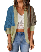 Damen nan lässige Strickjacke im Patchwork-Stil mit offener Front und 3/4-Ärmeln Drune in Blau