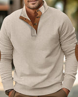 Herren nan strukturiertes Rugby-Pullover mit Stehkragen, Knopfleiste und Leder-Ellenbogenpatches Drune in Apricot
