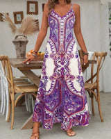 Zara | Damen Maxi-Kleid Träger Mandala-Druck Boho Sommer in Lila