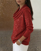 Damen nan fein gestrickter Pullover mit Wasserfallkragen und geripptem Saum Drune in Rot Glitzernd