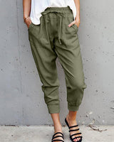 Damen nan lässige tapered Leinenhose mit elastischem Bund und Bündchen Drune in Militärgrün