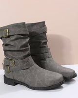 Damen nan lässiger mittlerer Schaftstiefel mit weichem Slouch-Effekt, dekorativen Schnallenriemen und robustem Blockabsatz Drune in Grau