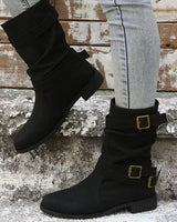 Damen nan lässiger mittlerer Schaftstiefel mit weichem Slouch-Effekt, dekorativen Schnallenriemen und robustem Blockabsatz Drune in Schwarz