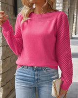 Damen Feinripp Pullover mit Ajour Puffärmeln und Bootsausschnitt in Fuchsia